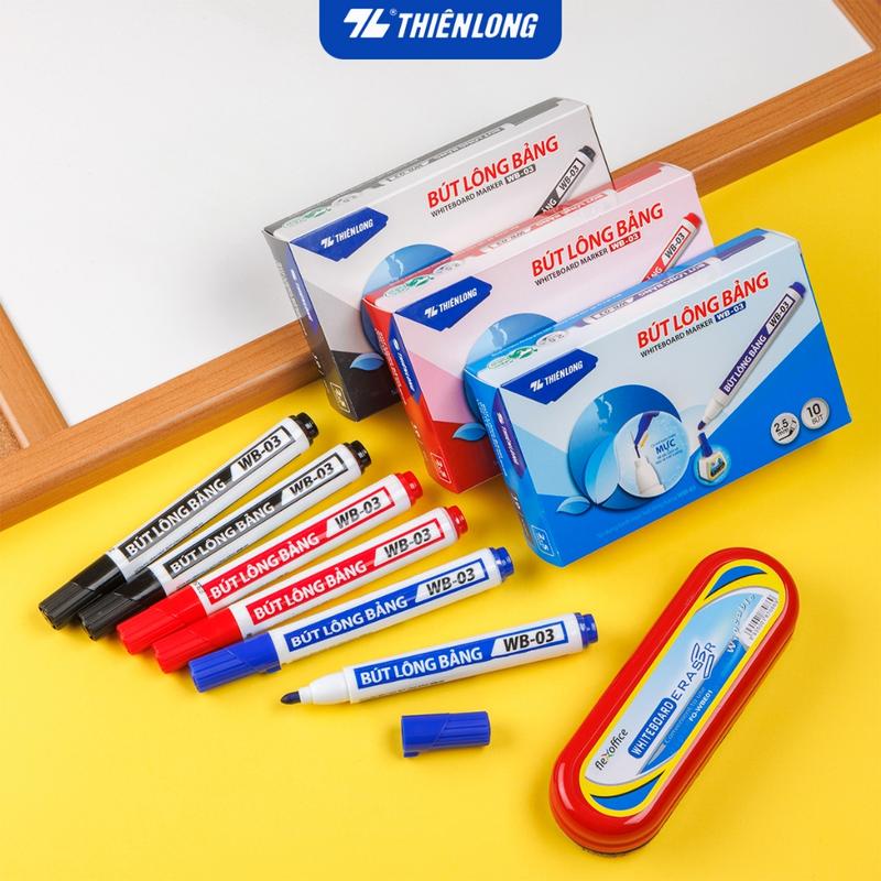[WB03 - CHÍNH HÃNG] HỘP 10 Cây Viết Lông Bảng/ Bút Lông Bảng Thiên Long Cao Cấp WB-03/ WB 03 Mực Đều, Đậm (Mực Xanh, Đỏ, Đen)