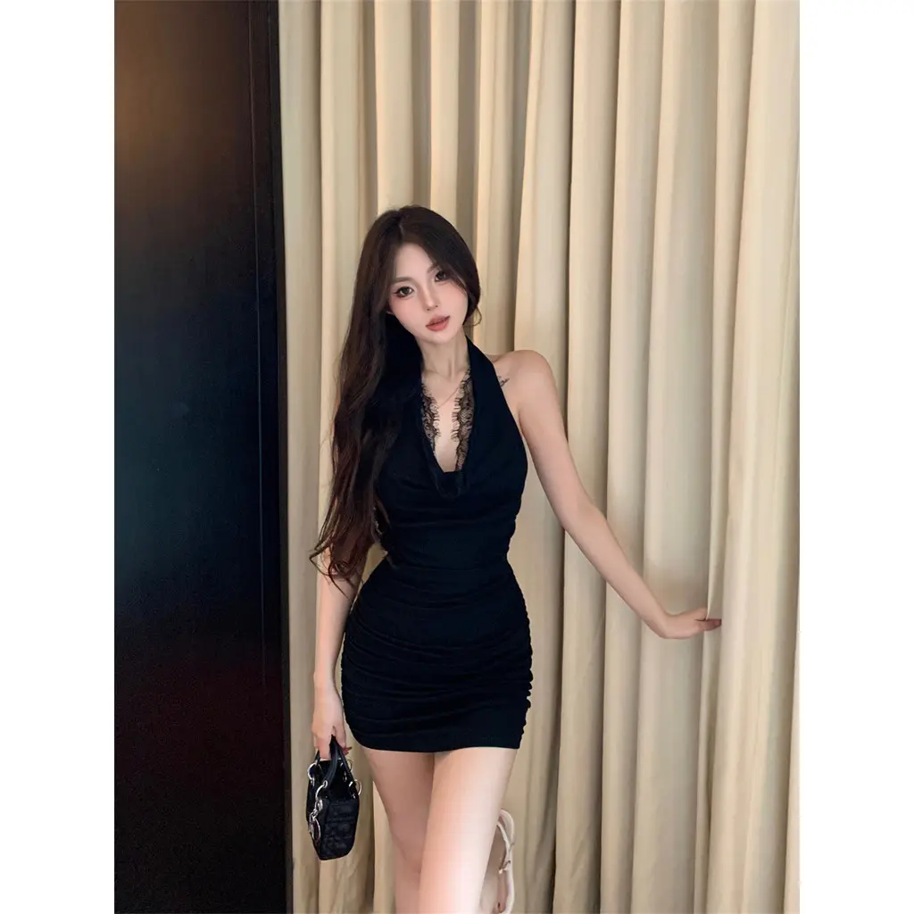 Sexy Backless Lace Stitching Neck Hanging dress Tight Hip Mini dress