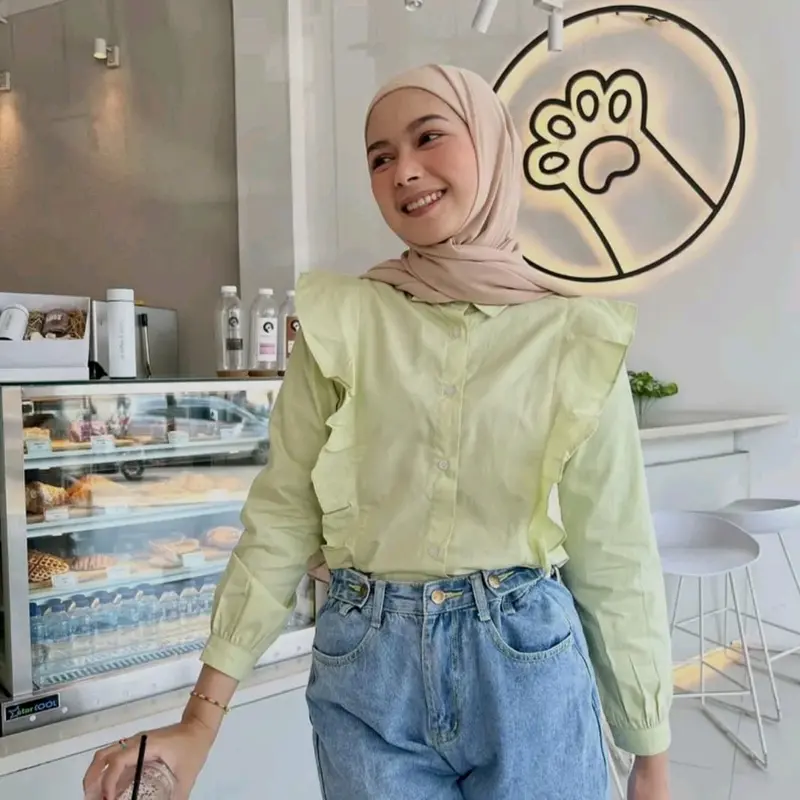 Zia Blouse - Blouse - Blouse Wanita - Atasan Wanita Blouse Katun Polos V-Neck Kancing Linen Panjang Variasi Rempel atasan  viral Top 3