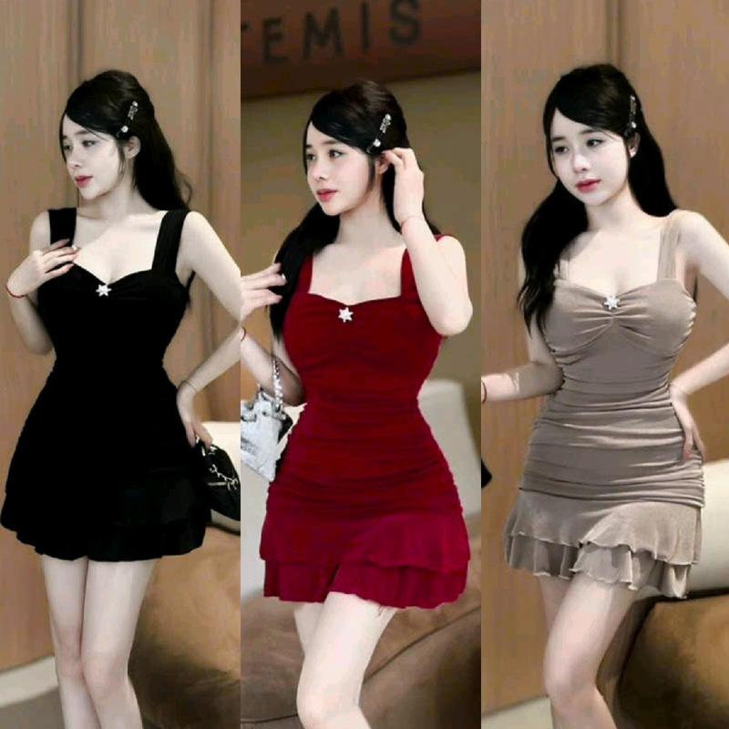 Đầm Hai Dây Bản To Cổ Vuông Đính Nút Kiểu - Ngắn Viền Bèo 2 Tầng Ôm Body vaytet váy  tiệc - đầm body váy xinh đầm xinh đầm sang chảnh Nữ Women Dress Thun