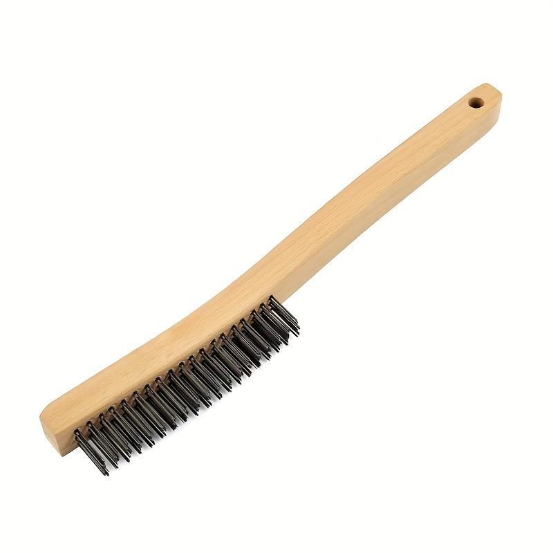 Product Introduction of Wooden Handle Wire Brush, Stainless Steel Wire Scrub Brush for Cleaning Rust, 14" Curved Beechwood Handle Wire Brush for Car, Home, Office 3