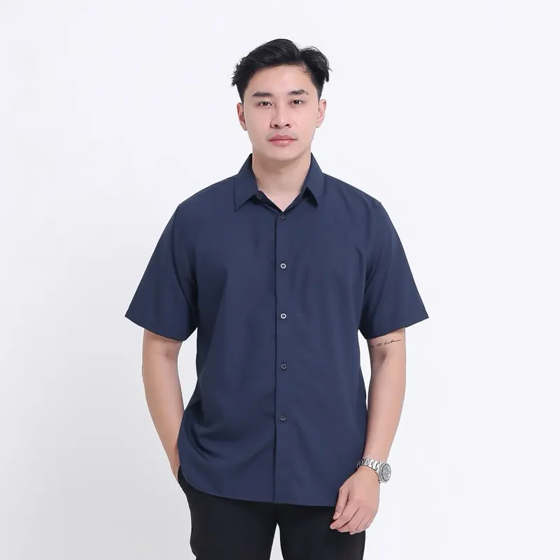 Heyplain Kemeja Navy Lengan Pendek Slimfit - Kemeja Pria Lengan Pendek