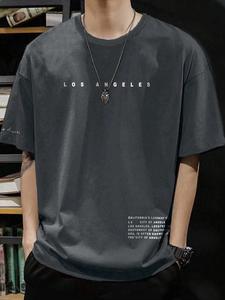 メンズ ラウンドネック 半袖 レタープリントTシャツ、夏向けカジュアルファッションTシャツ、日常使いに最適、フィット感のある中厚手の生地
