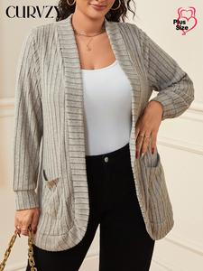 CURVZY Plus Size Solid Pocket Ribbed Sweater Cardigan, Casual Long Sleeve Open Front Knitwear for Fall & Winter, Women's Plus Clothing for Daily Wear