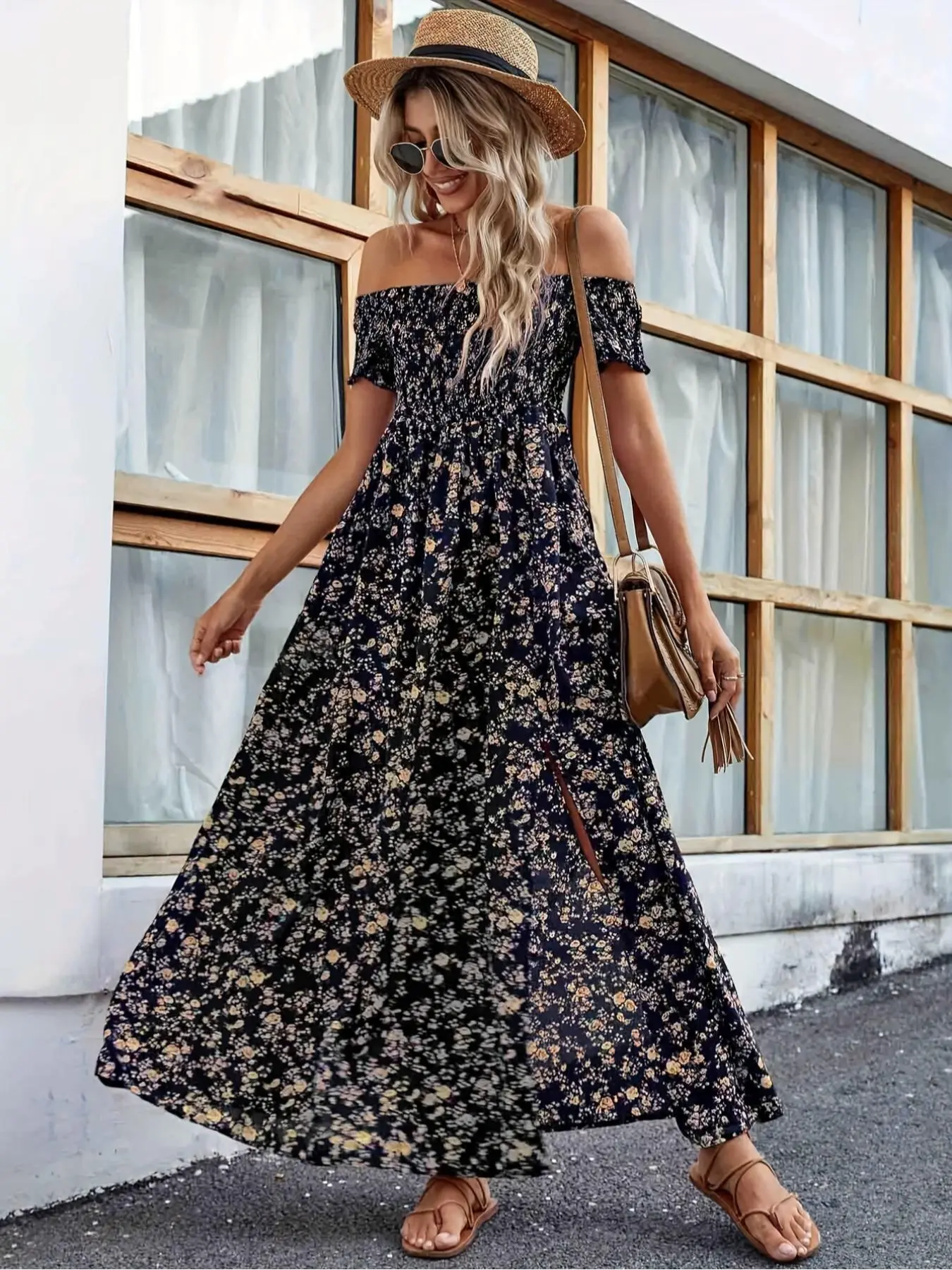 Women's Ditsy Floral Print Off Shoulder Long Dress, Elegant Casual Split Thigh Dress for Beach Holiday Vacation, Ladies Summer Clothes, Summer Dresses 2025