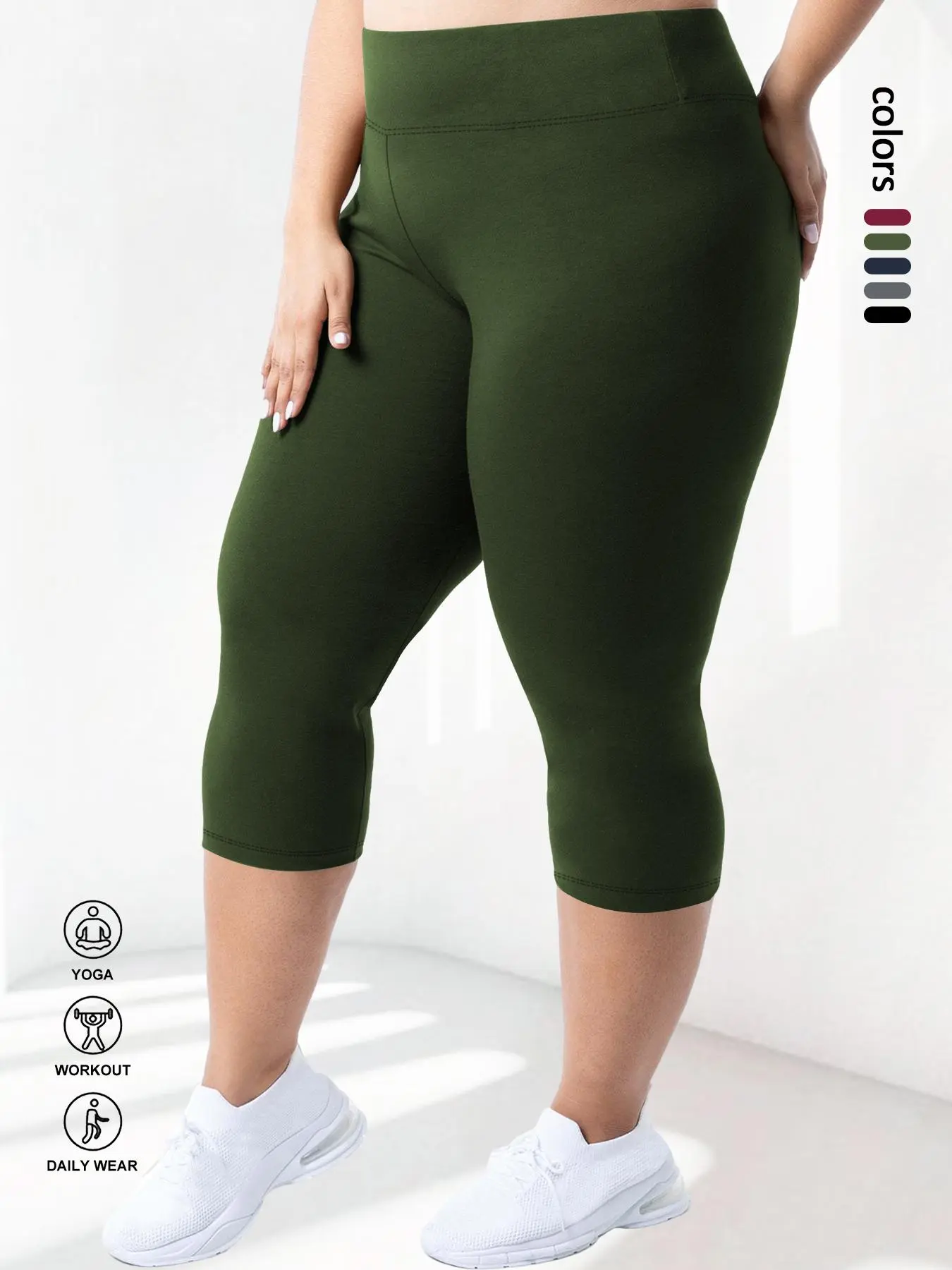 【Plus Size】 Solid High Waist Capri Leggings, Casual Skinny Pants for Daily Workout Yoga Wear, Comfy Clothes for Women, Leggings for Women, Summer Outfits, Plus Size Clothing, Pants for Women, Gymclothes, Leggings for Women
