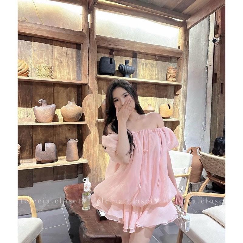 Váy babydoll trễ vai bo eo dáng xoè tay bồng chất voan tơ 2 lớp hồng canh be, Đầm chipu xoè hở vai đi chơi đi biển đẹp, SUKA SHOP 4