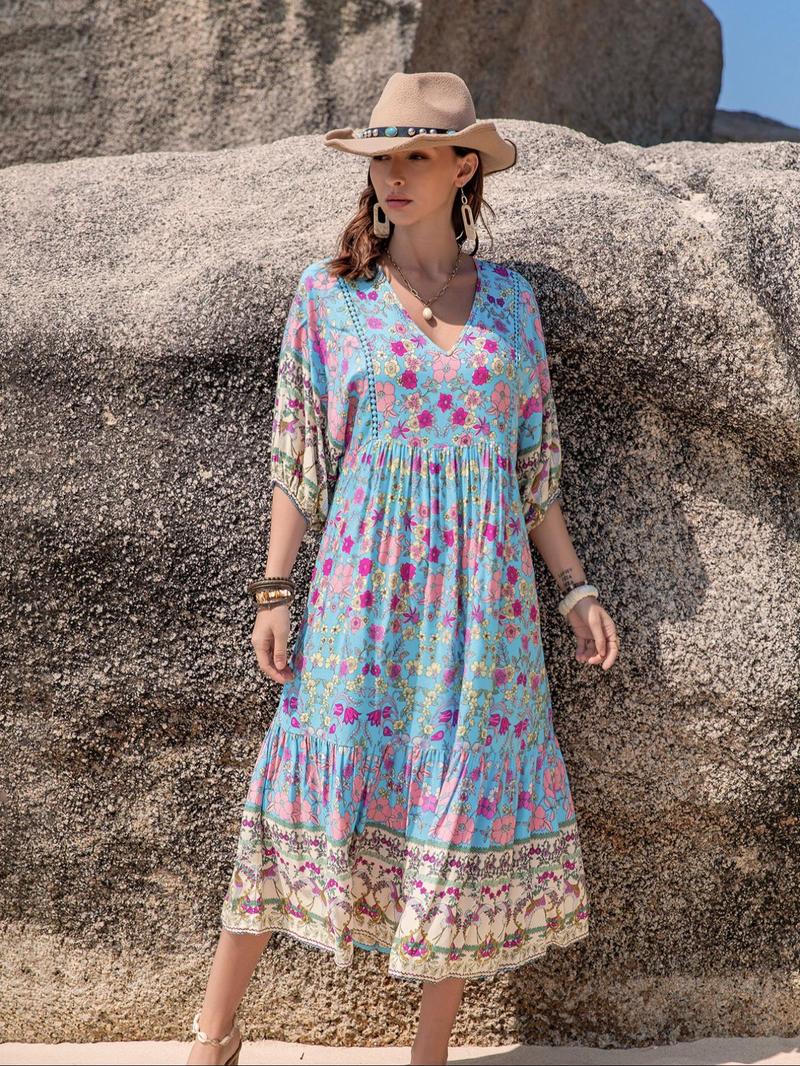 Product Introduction of Women's Floral Print V Neck Dress, Boho Fashion Half Sleeve Dress for Beach Holiday Vacation, Ladies Dress for Summer 5
