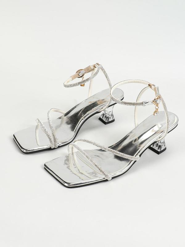 Women's Fashionable Rhinestone Decorated Slingback Mid Heel Sandals, Elegant Square Toe Ankle Buckle Sandals for Party, Daily Clothing Decor for Women & Girls 2