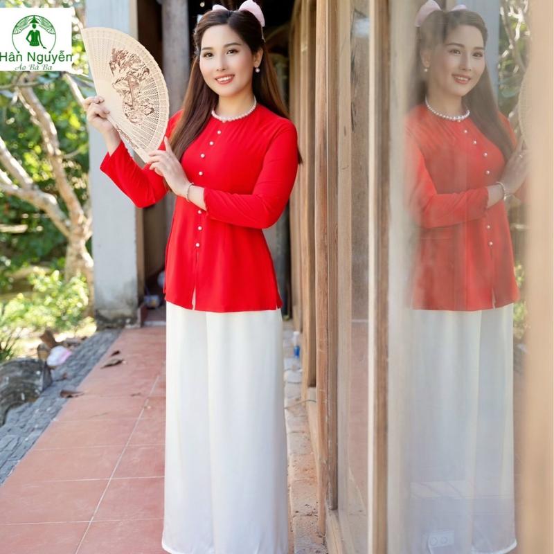 Hân Nguyễn Áo Bà Ba - B.A25 - Bộ Áo Bà Ba Lụa Trơn Tầm Ý Dây Kéo Cổ Tròn Tay Dài Nữ Women Top Sơ Mi Kem Shirt