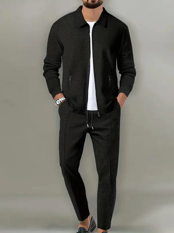 Men's Solid Zip Up Jacket & Drawstring Waist Pants Two-piece Set, Men's Two-piece Outfits for All Seasons 6