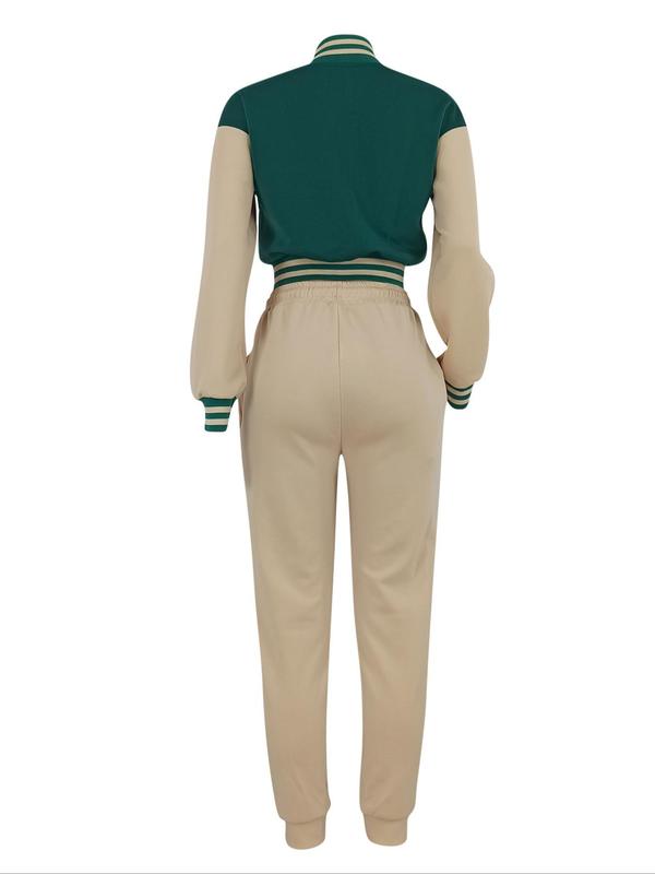 Women's Colorblock Print Short Jacket & Drawstring Waist Sweatpants Two-piece Set, Two Piece Set Women, Casual Long Sleeve Mock Neck Outerwear & Pocket Pants for Daily Wear, Ladies Fall & Winter Clothes, Co-ord Sets 6