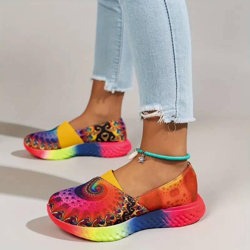 [Rainbow Slip-On Sneakers] Vibrant Lightweight Women's Rainbow Tie-Dye Slip-On Sneakers - Comfortable, Casual Shoes with Low-Top Design, Durable PU Sole for All-Day Wear 3