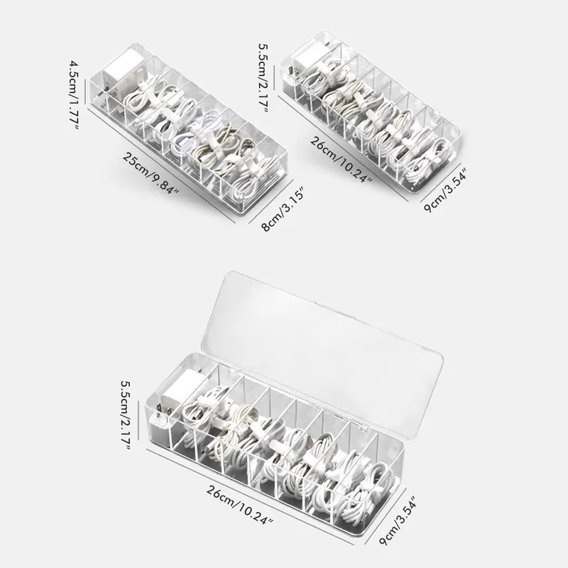 8 Grids Clear Plastic Cable Storage Box Data Cable Storage Container Save Space Cable Management Box for Storing Earrings Rings and Data Cables 1