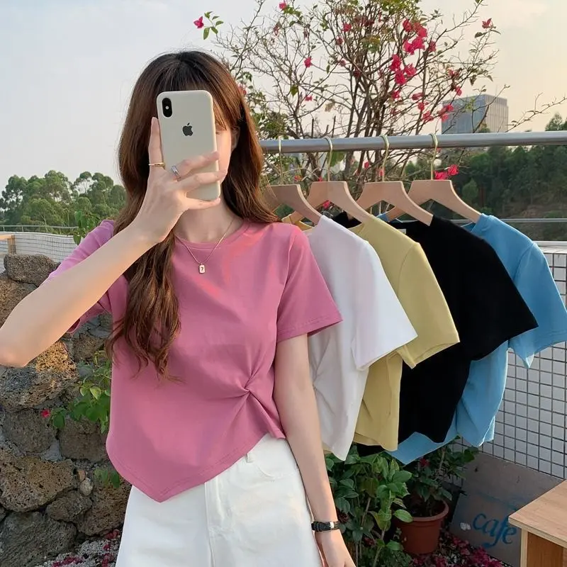Áo Thun ngắn Tay Bất Đối Xứng Thiết Kế Đẹp, Cạp Cao, Dành Cho Nữ, Mùa Hè, ngắn Tay, Thích Hợp Cho Thiết Kế Mưu Mô, Phong Cách Ngách