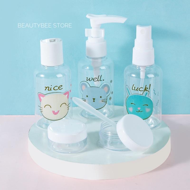 BOTOL TRAVEL SET + TEMPAT CREAM MOTIF CAT ISI 6 + POUCH (SY1039) 1