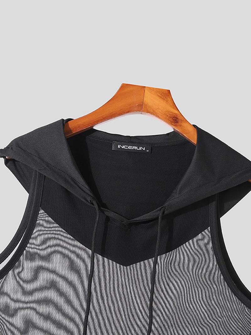 Product Introduction of Men's Regular Fit Solid Drawstring Sheer Hooded Tank Top, Casual Sleeveless Top for Summer, Fashion Men's Clothes for Daily Wear 13