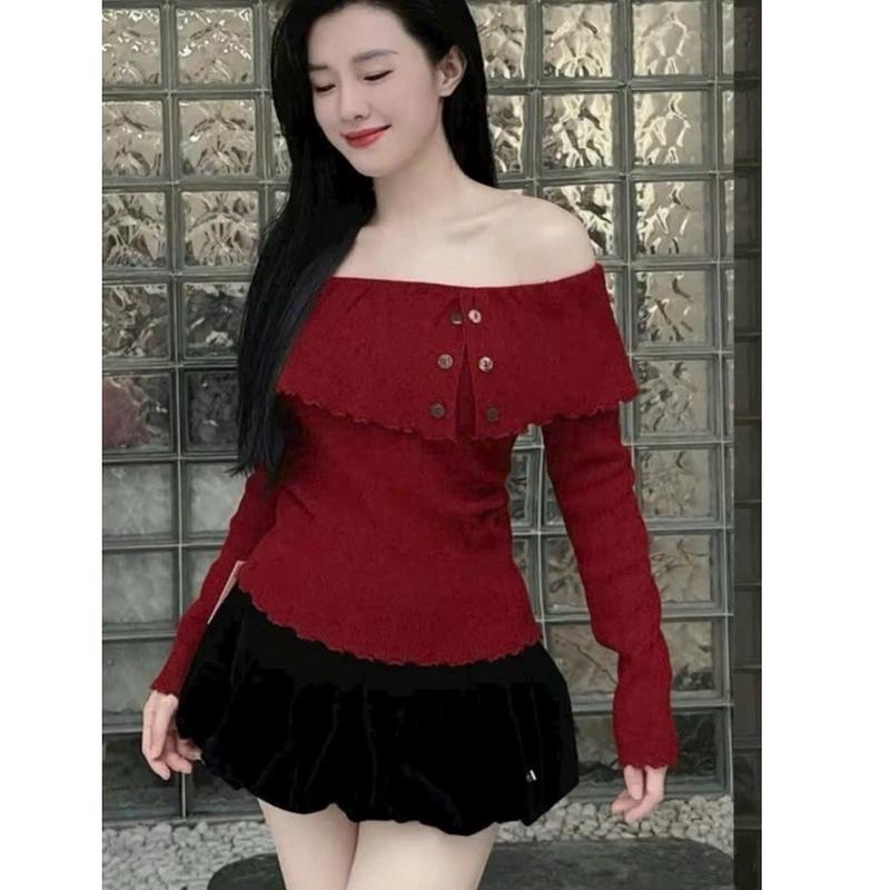 Set Áo Váy Bigsize VÀ CÓ LẺ ÁO VÁY Áo Trễ Vai Dài Tay Đính Cúc Điệu Đà Phối Chân Váy Bí Ngô Dễ Thương Cho Nữ Chuppy 60-95Kg Women Top