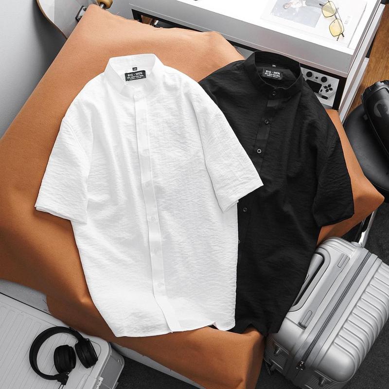 Big size - Áo sơ mi nam tay ngắn cổ trụ vải đũi nút gài bigsize 80kg - 130kg