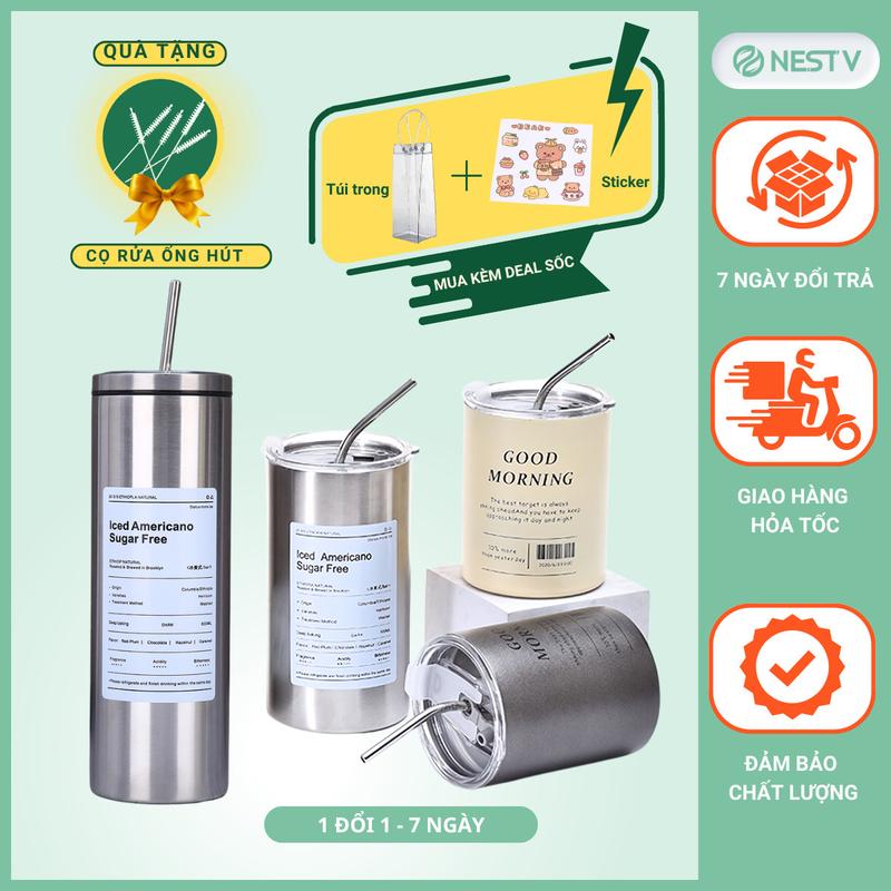 Bình Nước Giữ Nhiệt - Ly Giữ Nhiệt Iced Americano Inox 304 Đúc Liền Khối Cao Cấp Có Nắp Đậy Tặng Kèm Ống Hút