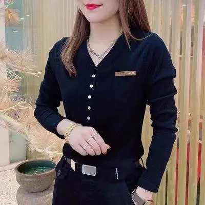 Kemeja-T lengan panjang, Leher V, Gaya Barat, Ketibaan Baru Musim Bunga, Baju Kecil, Baju Asas Ibu, Untuk Wanita, Slim Fit, Baju Sembunyikan Perut