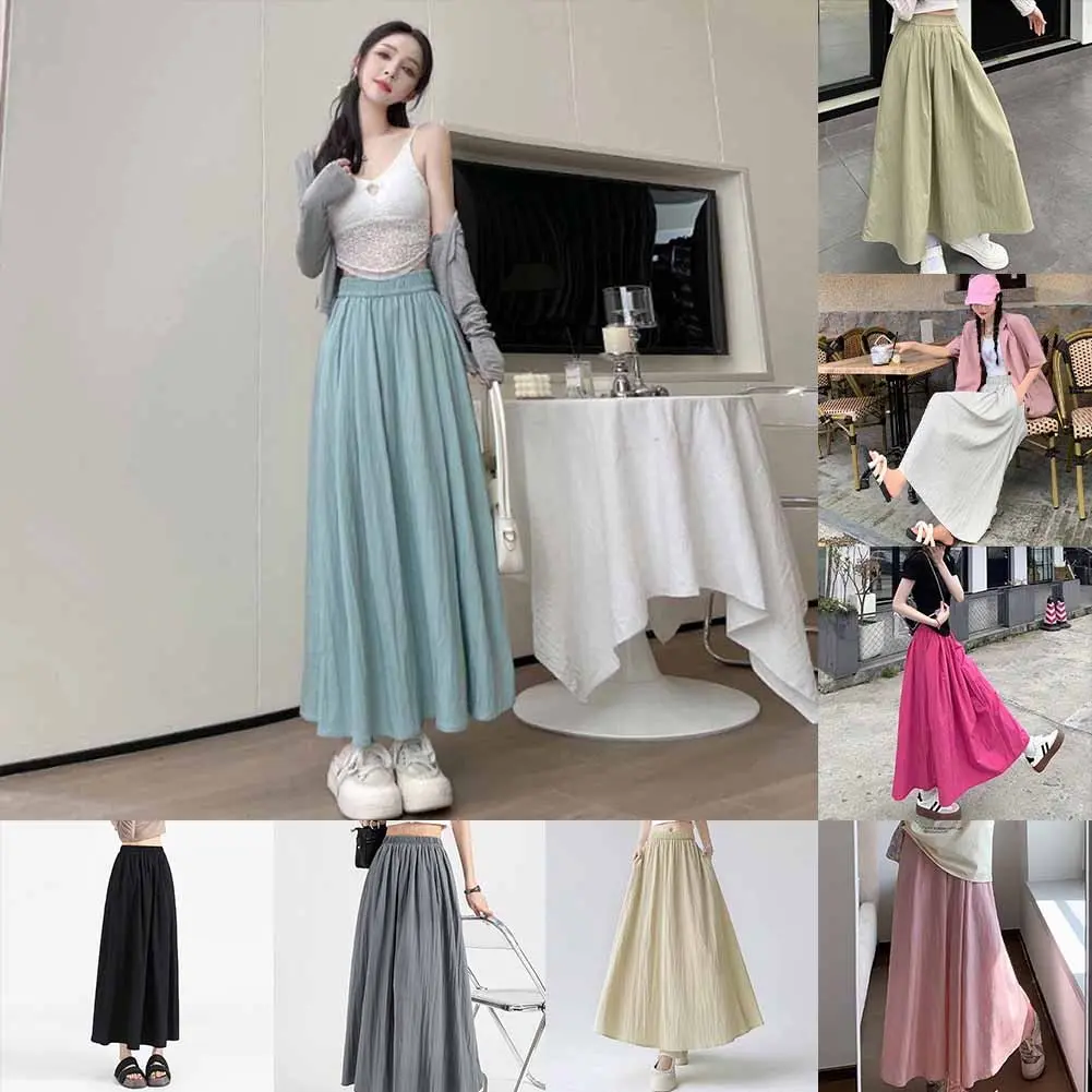 Fashionable High Waist Solid Women Skirt Cotton Linen Retro Lazy   Casual