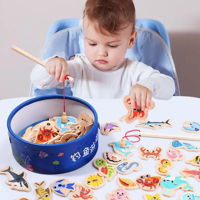 Set Permainan Papan Memancing Magnetik Kayu, 54pcs, Mainan Ikan Kartun Bayi, Mainan Pendidikan untuk Kanak-kanak Pancing