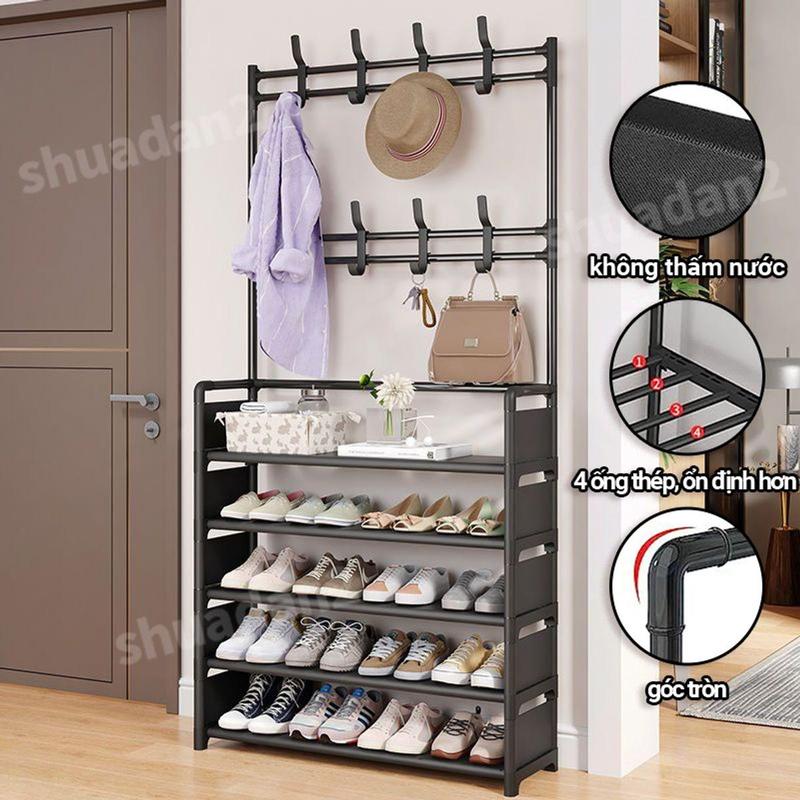 Kệ để giày dép thông minh đa năng chữ L giá đựnġ giày 4 tầng  có móc treo quần áo và đồ dụng khác có móc treo quần