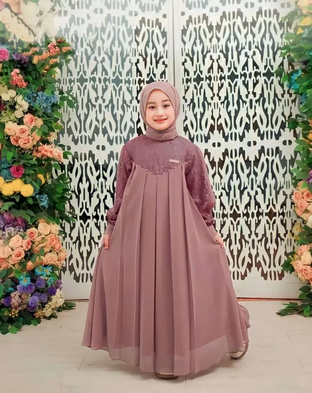 Inara Kids Set Pashmina Gamis Anak Perempuan 5-13 Tahun Dress Kondangan Setelan Anak Gamis Brukat Baju Wanita Muslim Syari Ceruty 4