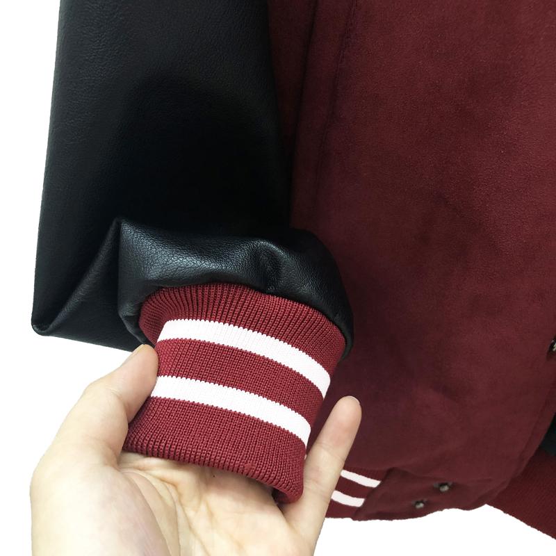 Áo khoác bomber varsity jacket Six Legends da lộn màu đỏ phối tay da đen