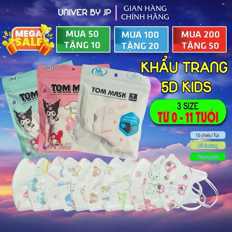 [ Mua 100 tặng 20c] Khẩu Trang 5D Trẻ Em Tom Mask, có 3 size [0-11 tuổi] in hình hoạ tiết cho bé, , khẩu trang chống tia uv