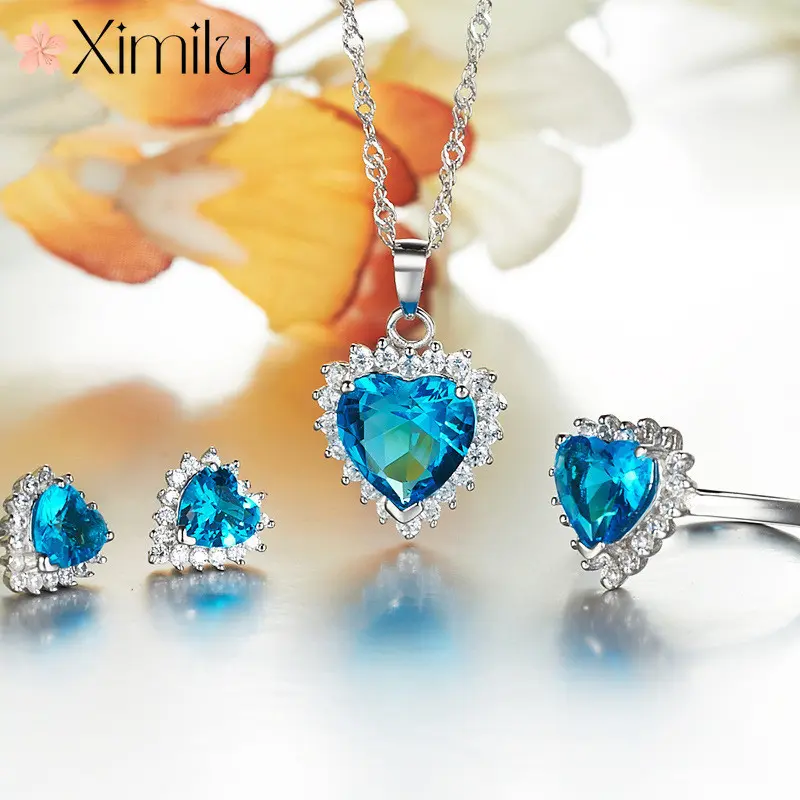 Bộ trang sức trái tim Xanh Biển đại dương khảm siêu nhỏ cổ điển nguyên bản dành cho phụ nữ, vòng cổ mặt dây chuyền cặp đôi lãng mạn, nhẫn, hoa tai nữ, quà kỷ niệm đám cưới