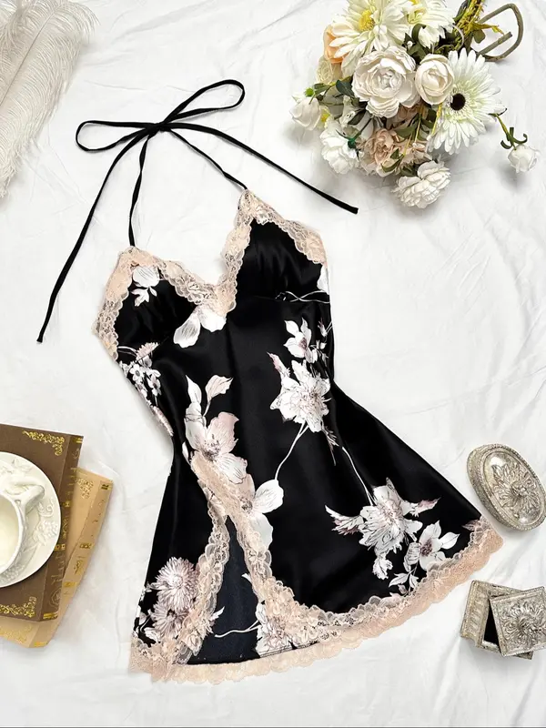 Women's Contrast Lace Criss Cross Bow Back Satin Cami Nightdress, Silky Naughty Lingerie, Night Gown for Women, House Dress for Women, Elegant Spaghetti Strap Split Hem Backless Night Gown, Ladies Summer Sleepwear & Loungewear, Pyjamas for Women 7