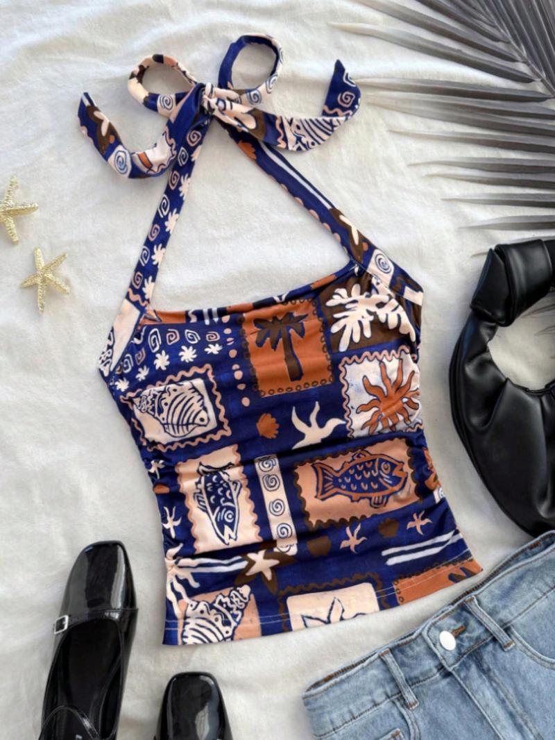 Product Introduction of Women's Landscape Print Halter Neck Top, Casual Sleeveless Top for Summer, Ladies Clothes for Daily Wear 3