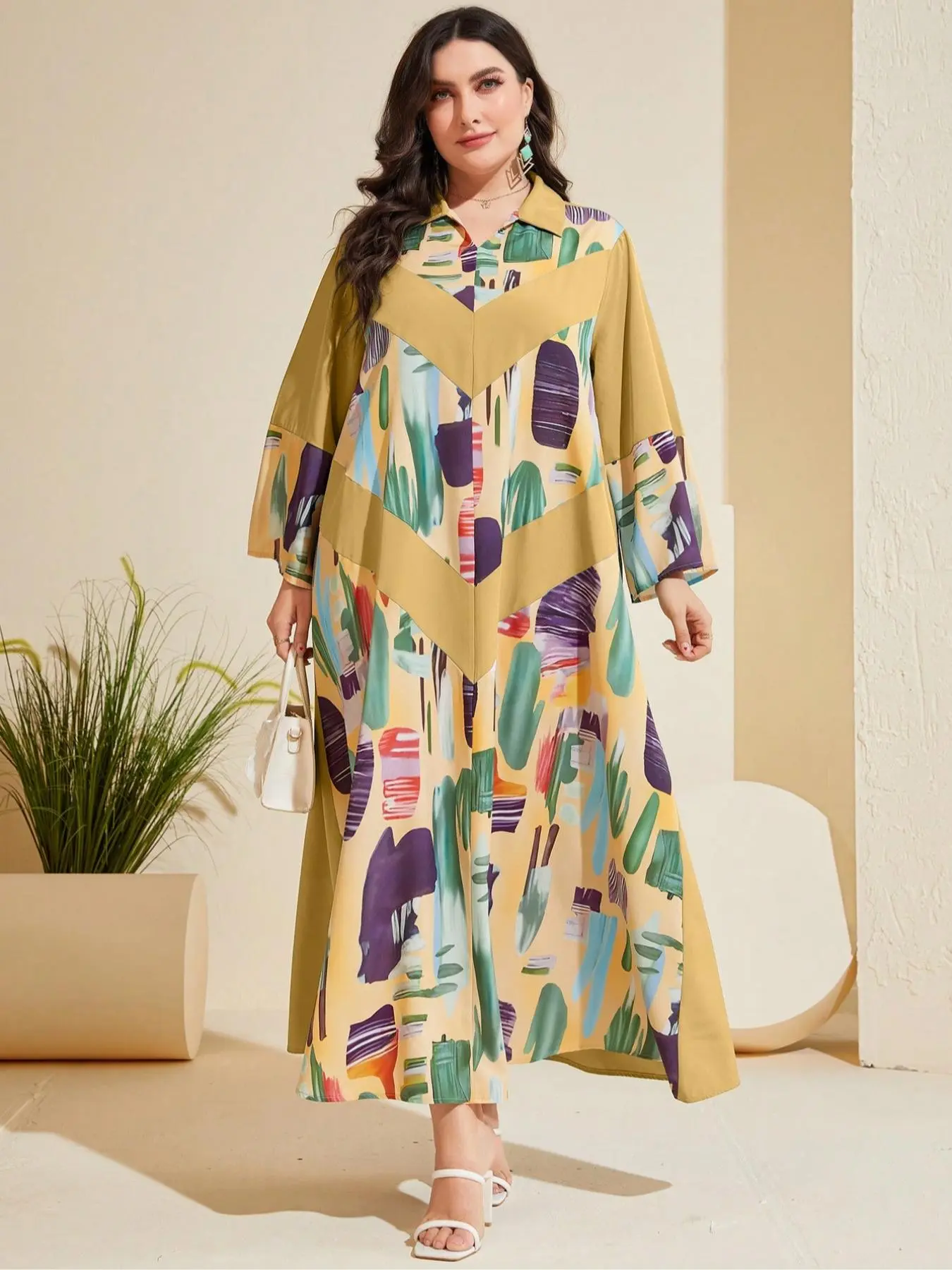 Plus Size Brush Print Flounce Sleeve Shirt Dress, Prayer Outfits, Elegant Colorblock Long Sleeve Graphic Print Long Dress for Spring & Fall, Modest Fashion, Women's Clothes