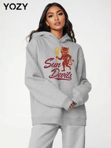 YOZY Women's Devil & Letter Print Drop Shoulder Hoodie, Fashion Casual Long Sleeve Kangaroo Pocket Hooded Sweatshirt for Daily Holiday Outdoor Wear, Women Clothing for Fall & Winter