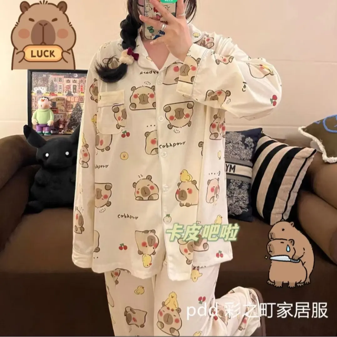 Bộ pijama dài tay chất kate họạt hình siêu xinh bộ ngủ mặc nhà dễ thương Áo Ngủ Quần Ngủ Women Voi Nữ Tay Loe