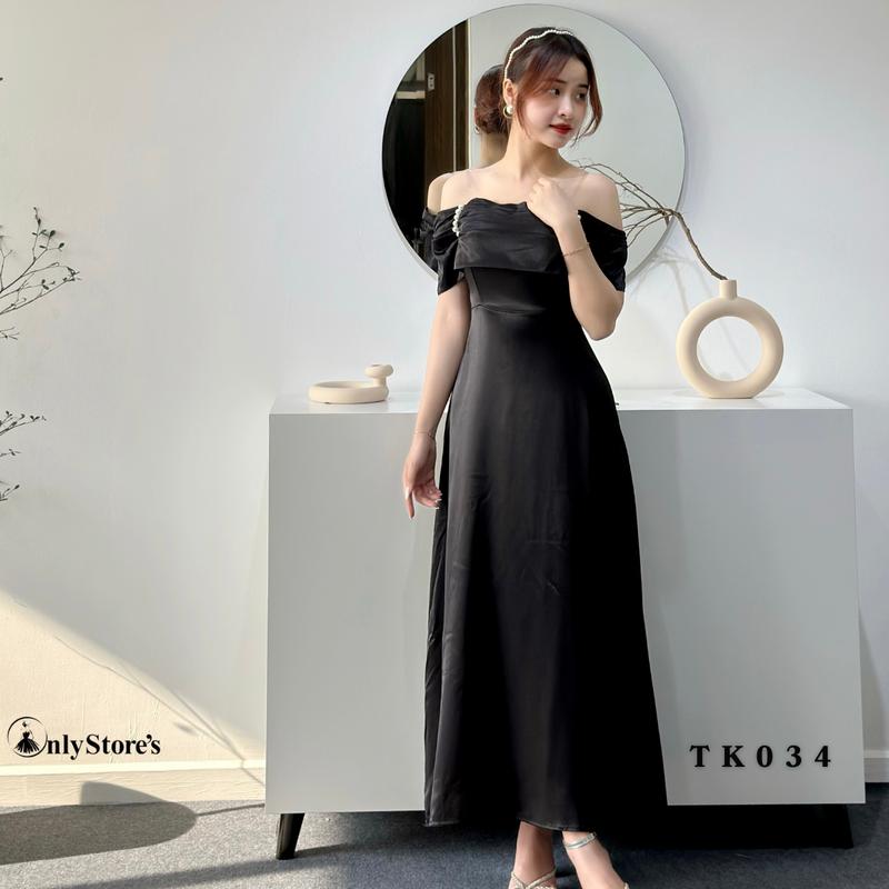 TK034 Đầm nữ lụa trể vai dáng xòe kèm ngọc trai 1
