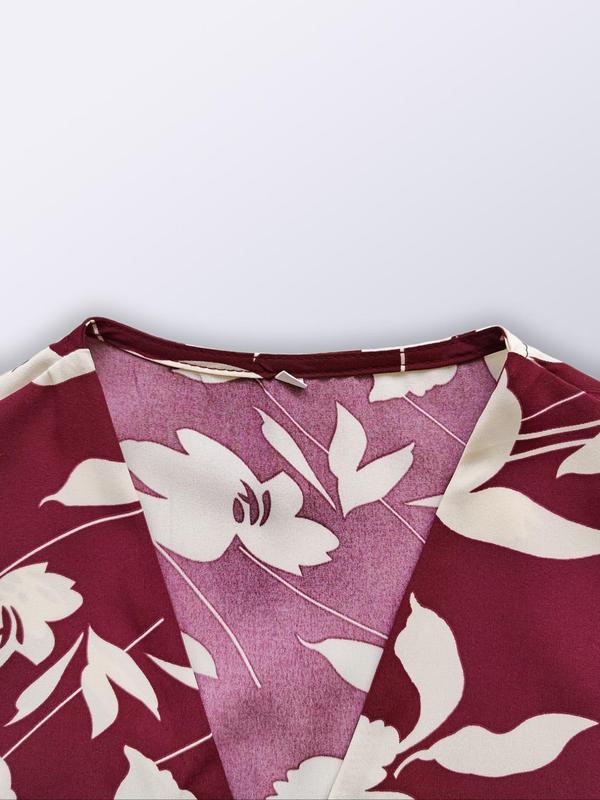 Women's Floral Print Ruffle Trim Shirred Tie Front A Line Dress, Boho Deep V Neck Flounce Sleeve Short Dress for Spring & Fall, Ladies Clothes for Beach Holiday Vacation 2
