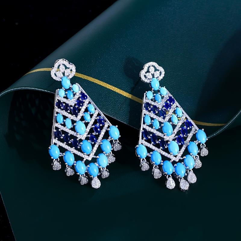 Middle Eastern Luxurious Synthetic Turquoise and Synthetic Zircon Long Tassel Earrings for Women Ethnic Bohemian Bride Wedding Party Jewelry 0