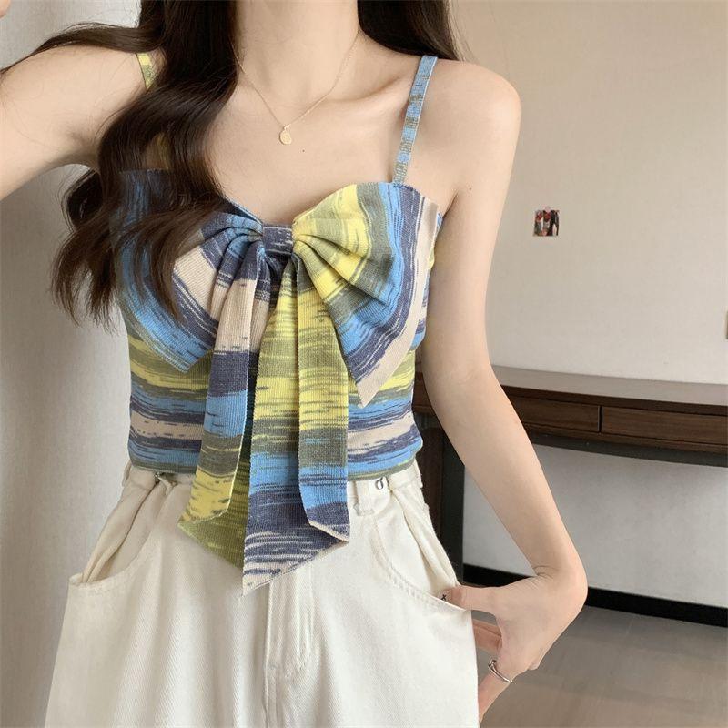Product Introduction of Sweet and Spicy Style Striped Small Sling Vest Women's Summer Inner Wear Outer Wear Design Sense Niche Bow Sleeveless Short Top turtleneck  tank Lingerie Plaid Spaghetti Strap tank  top camisole  tops baby  tee 25
