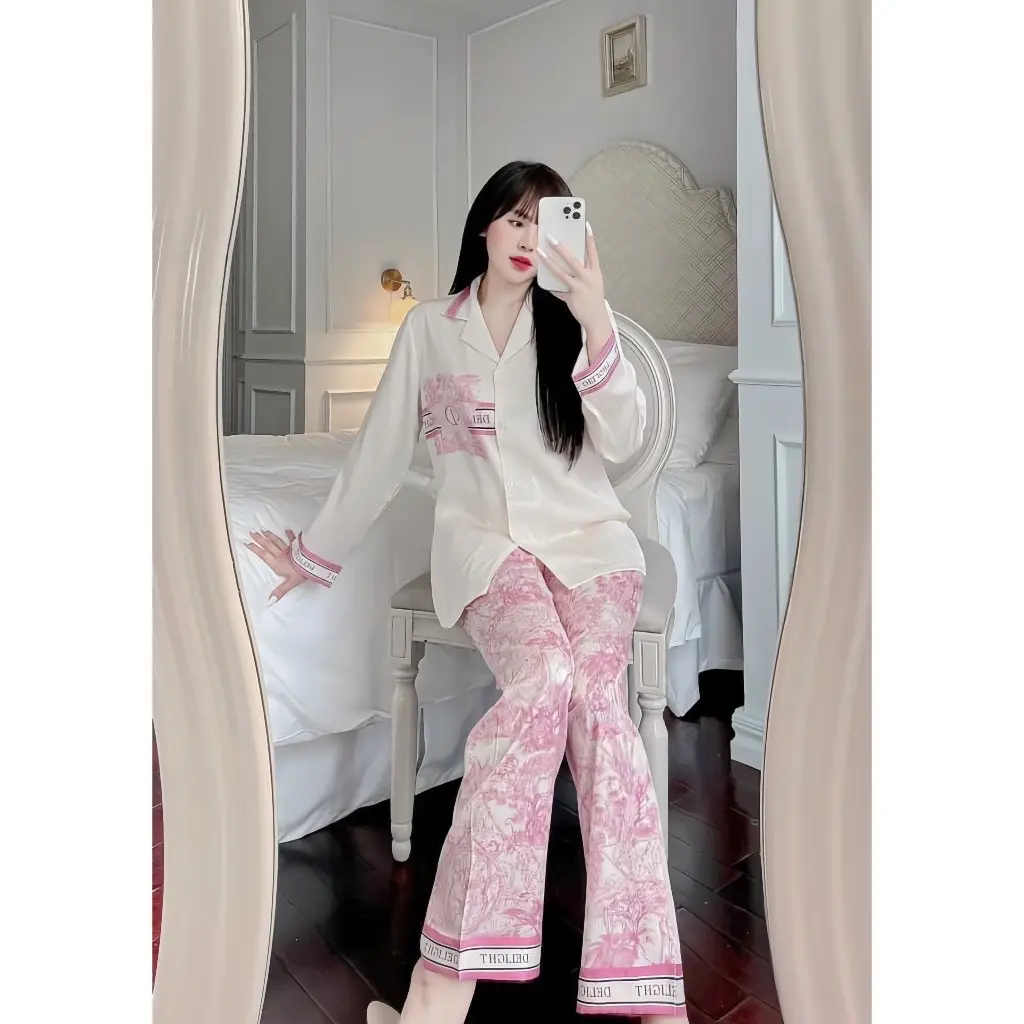 Đồ bộ Tay dài quần dài nữ họa tiết màu Hồng