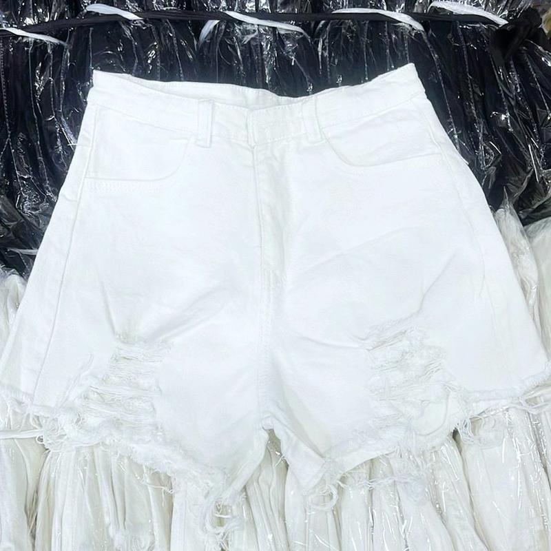 (2 Túi sau) Quần đùi short nữ rách tua rua đùi có túi sau- Lai tua, chất kaki co giãn Pants Women Lưng Cao Ong Màu Trắng Jean Denim