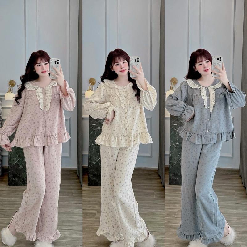 Bộ đồ ngủ tiểu thư cổ tròn Ren trước hoạ tiết hoa nhí cho Nữ xinh xắn DD53 Sammy - Quần Ngủ Pijama Women Áo Ngủ