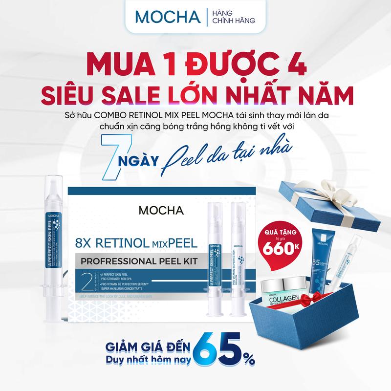 Combo 4 món: Peel da MOCHA Retinol , Serum Vitamin B5, Kem face Collagen , Sữa rửa mặt B5 [Mua 1 được 4]