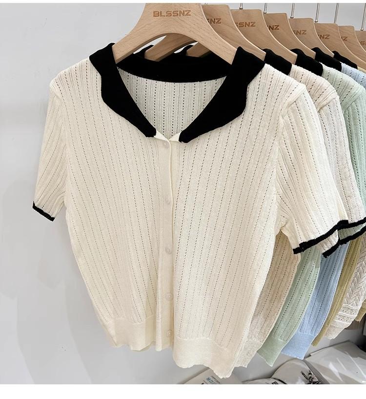 Product Introduction of Áo Cardigan Dệt Kim, ngắn Tay, Chất Liệu Lụa Ngầu Dành Cho Nữ, Mỏng Và Mùa Hè, Màu Sắc Tương Phản, Thiết Kế Độc Đáo Với Thiết Kế Áo Polo Rỗng Áo Cánh Nữ Hàng Đầu 8