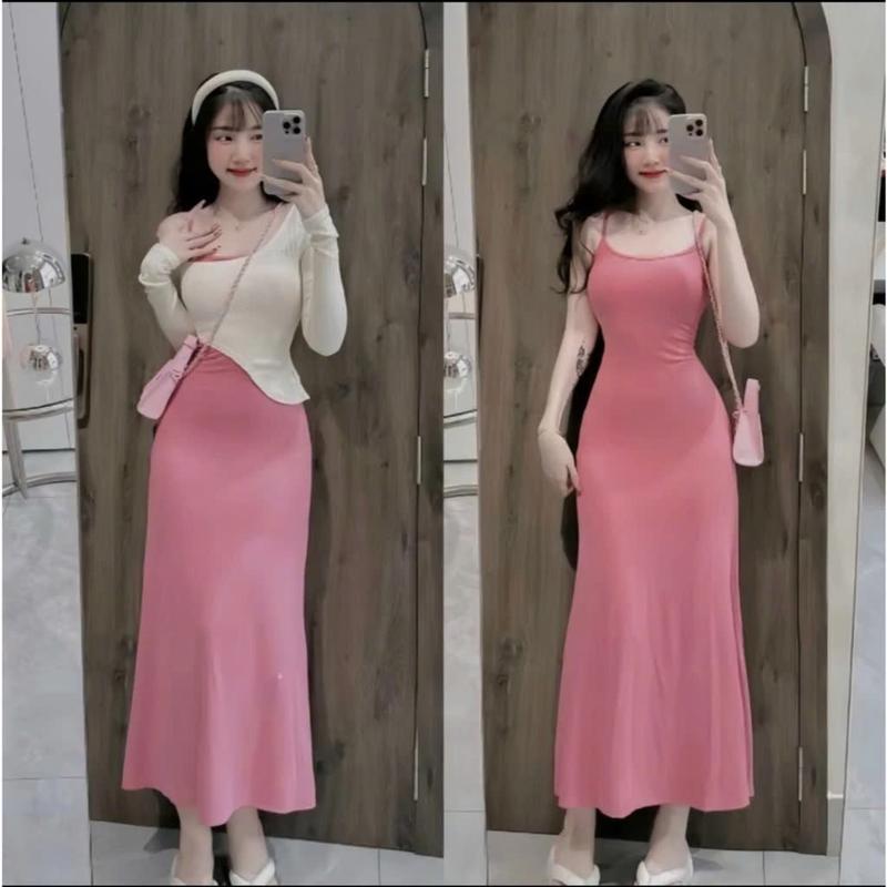 Sét đồ nữ 2 món đầm tăm lạnh hai dây dáng đài kèm áo khoác tay dài cổ chéo cực xinh