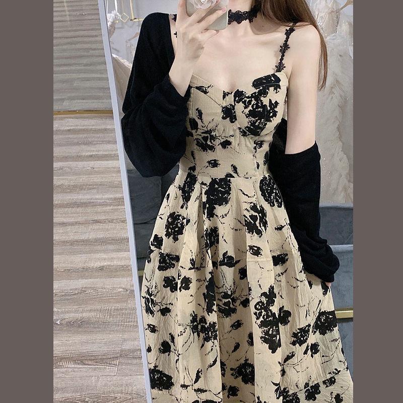 Product Introduction of 2025 summer new French style vintage floral sling dress Hepburn style chic cardigan dress two piece suit 9