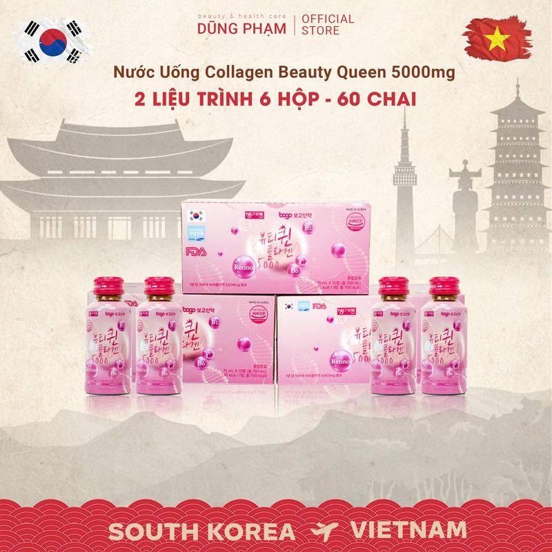 Liệu trình 2 tháng - Collagen Beauty Queen 5000mg - Nước uống hỗ trợ chăm sóc sắc đẹp | 6 HỘP - 60 CHAI