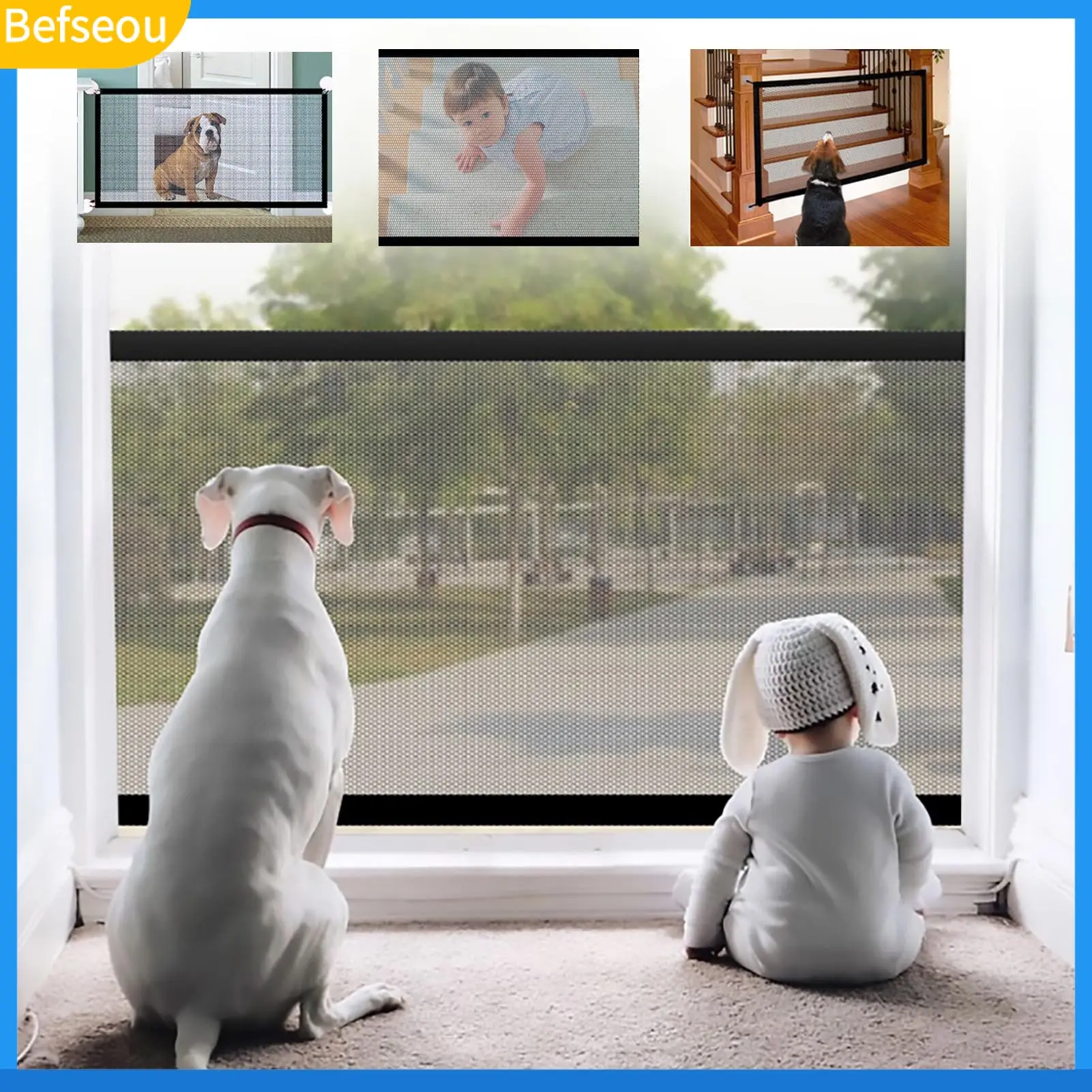 [befseou] House Doorways Stairs Retractable Portable Folding Mesh Magic Pet Safety Gate with Sticky Hook for Dogs Baby Kids